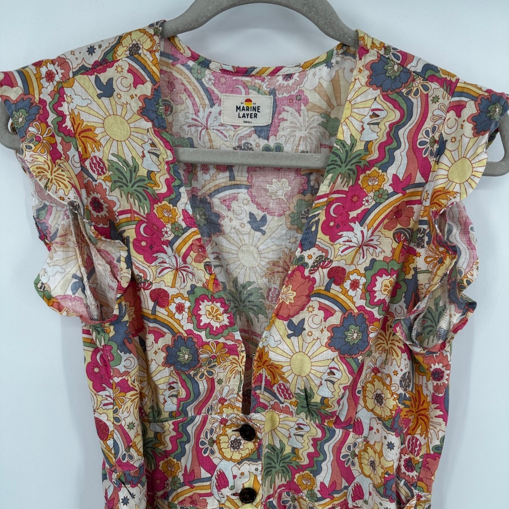 Marine Layer Women Small Psychedelic Floral Hemp Tencel Romper Button Front - Picture 2 of 10